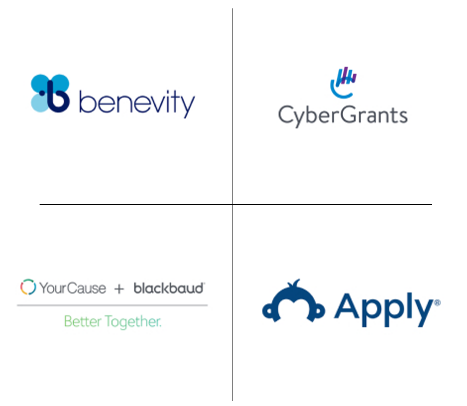 Logos of Benevity CyberGrants Blackbaud and Apply