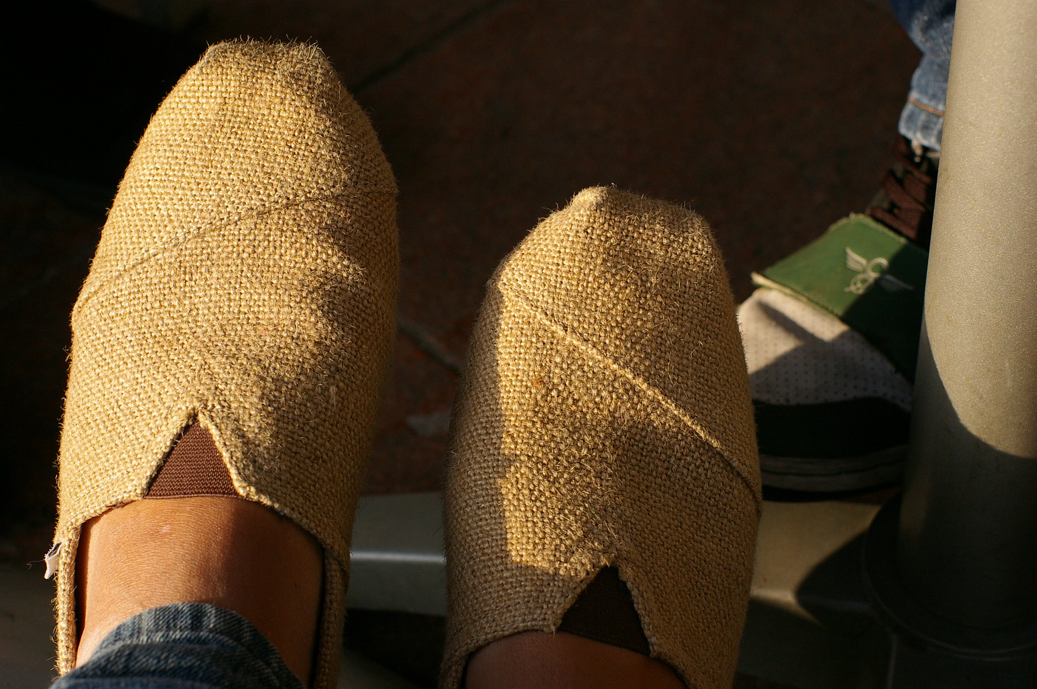 A tan pair of TOMS shoes - a representation of social impact metrics (outputs)