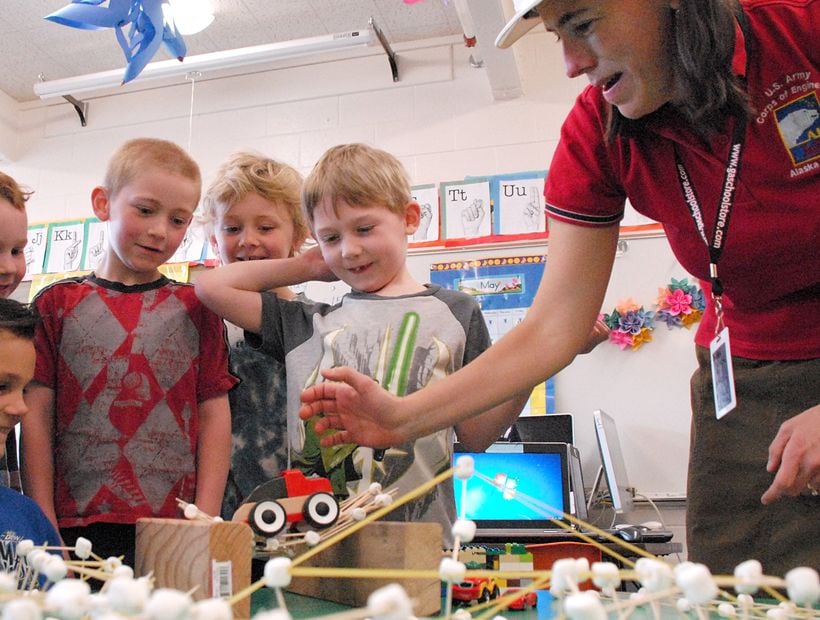 Kids learning STEM from woman teacher