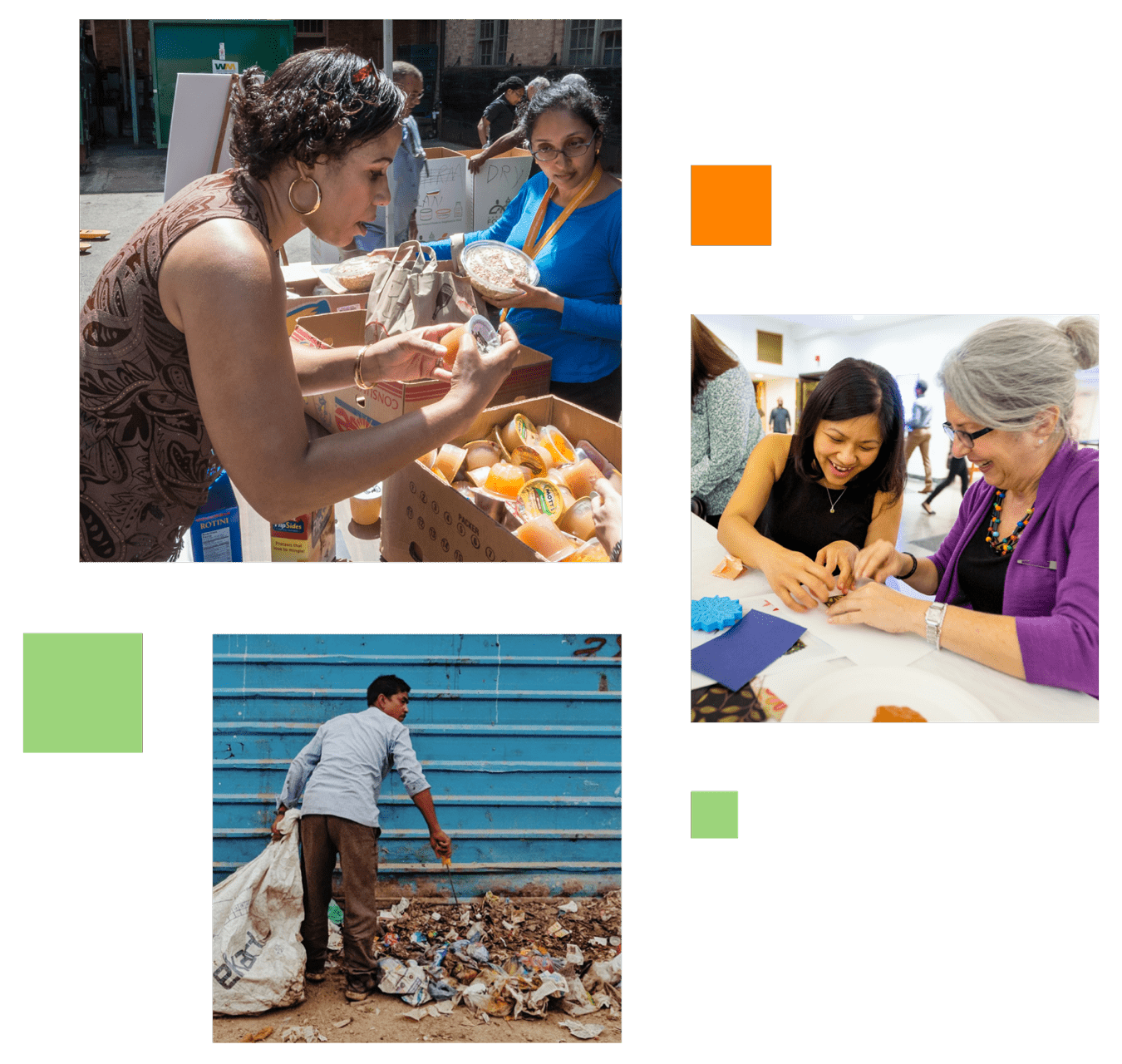 Collage of social good workers, corporate volunteers, and pixels